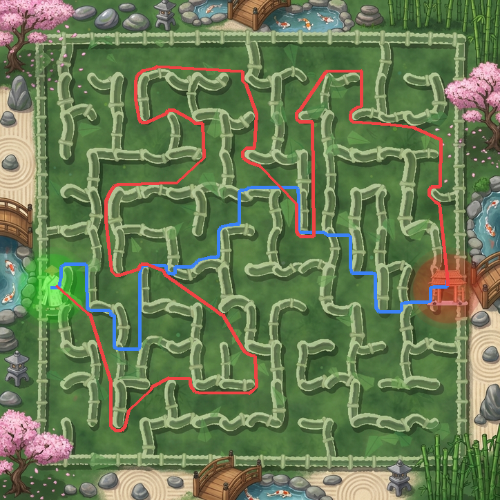 Bamboo maze with model paths