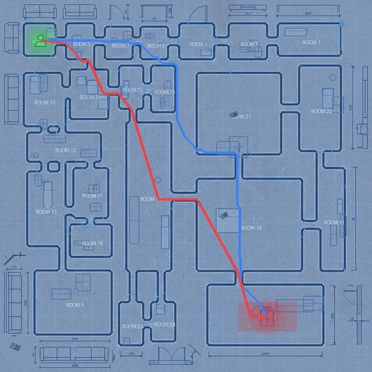 Floorplan maze with model paths