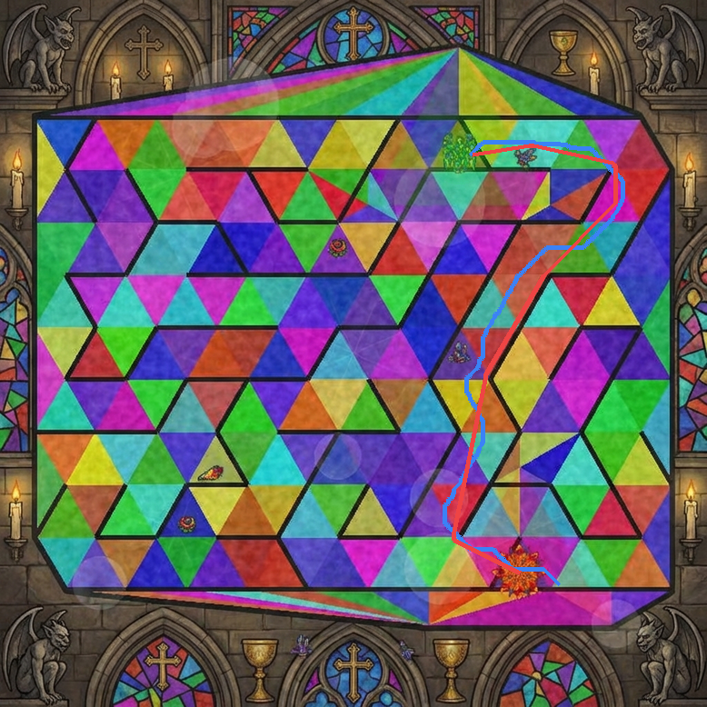 Stained glass maze with model paths